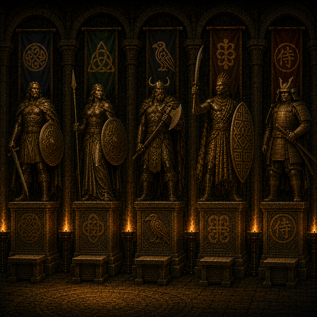A dim stone hall lined with pillars, three empty plinths waiting to be claimed.