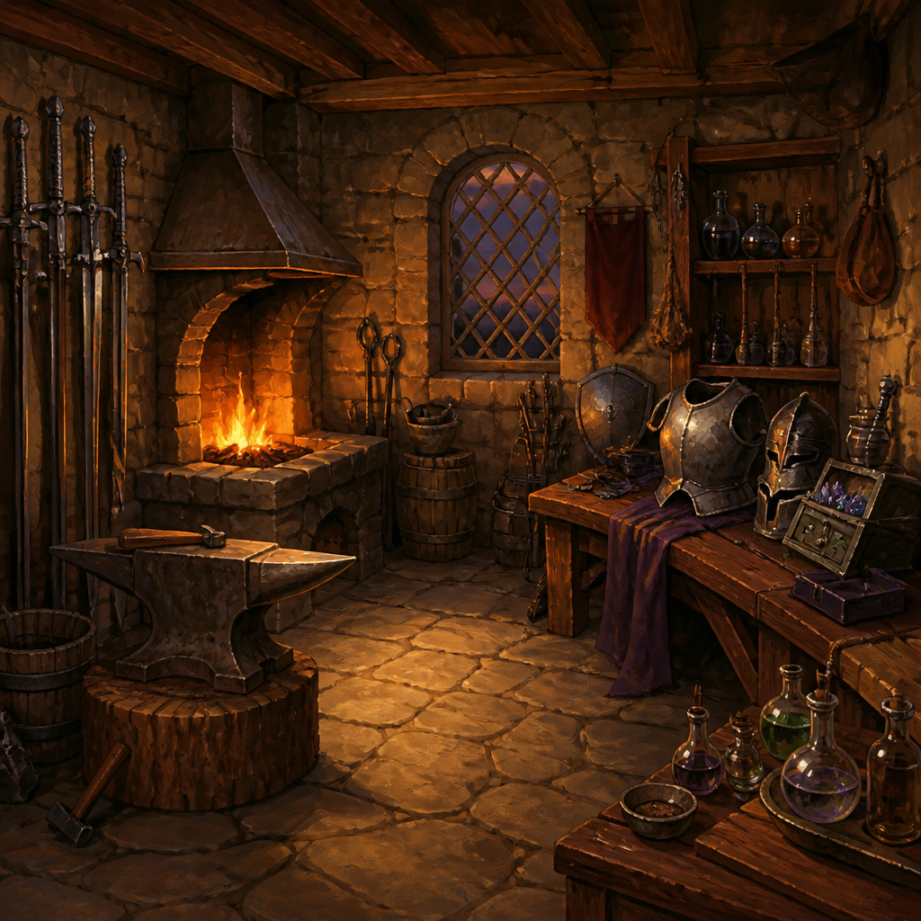 A cozy stone forge and crafting workshop, hearth fire glowing, an anvil and weapon rack on one side, armor and cloth on a workbench on the other.