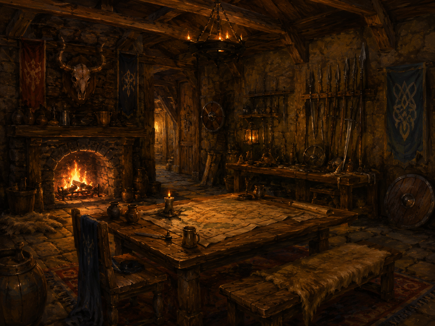 A cozy stone longhouse interior, warm hearth fire crackling, weapon racks and a workbench along one wall.