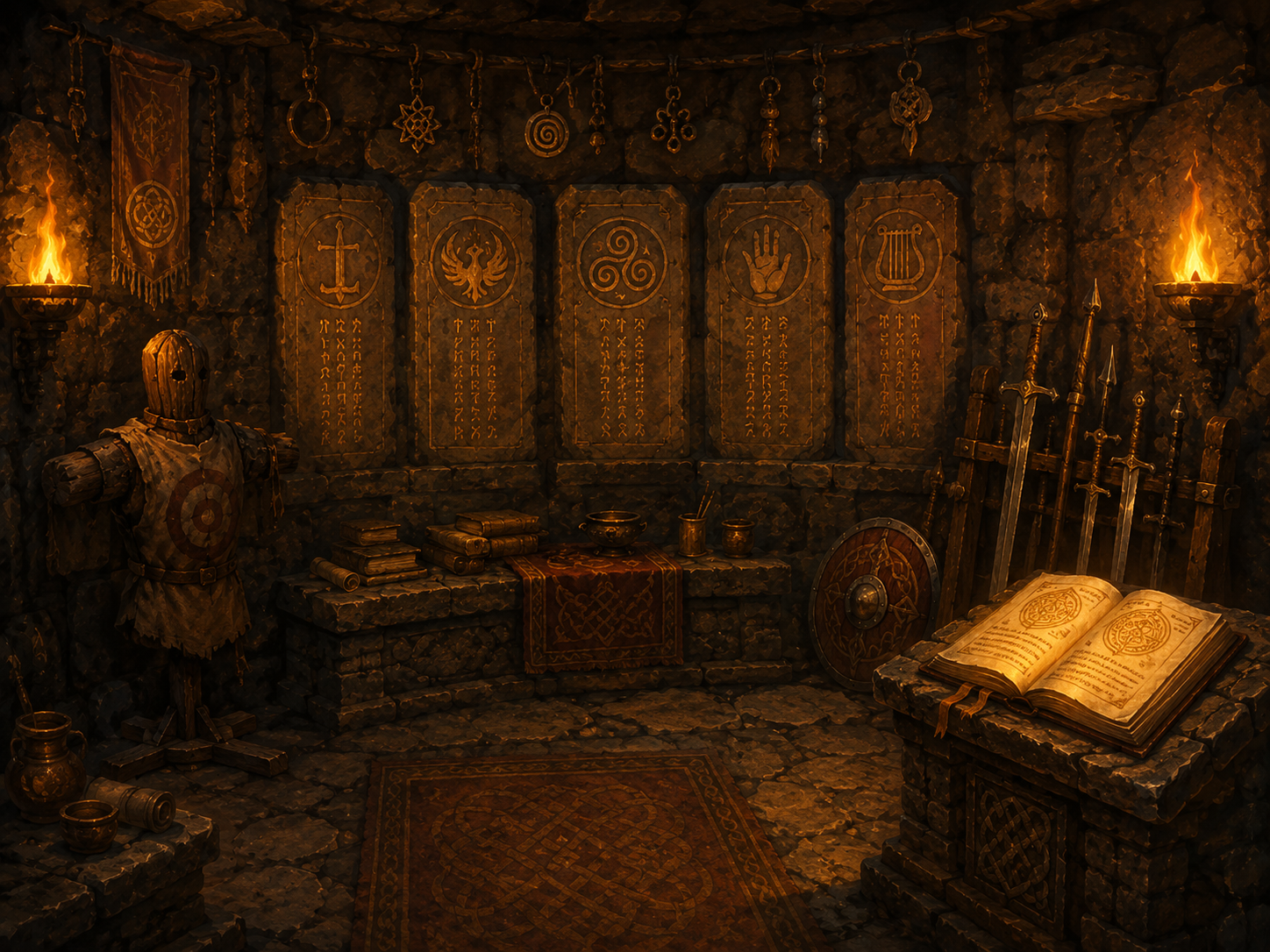 A quiet stone chamber lined with rune-tablets and talismans, a training dummy and weapon rack along the walls, an open spellbook glowing on a stone lectern.